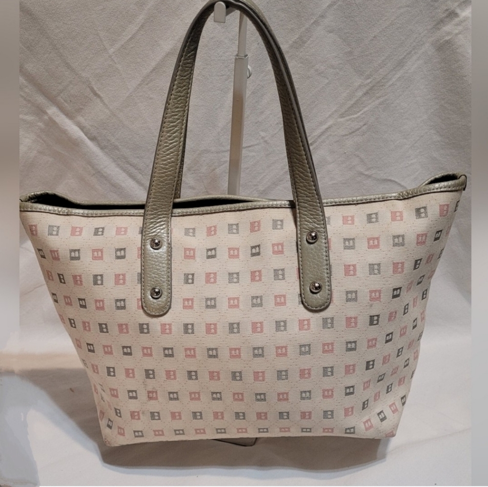 Bally Canvas & Leather Handbag B Mark Pattern Pewter & pink monogram EUC - Picture 2 of 16